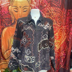 Unique Attitude Black Artisan Jean Jacket – Embroidered Geometric Zip-Up, XL